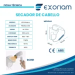 Secadora De Cabello Para Hotel A3 Estirable Plástico Abs Exoriam 1100w - Imagen 3