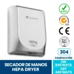 Secador De Manos Turbo Hepa Acero Inoxidable Exoriam 32cm X 28.6cm X 11cm Peso 2.8 Kg